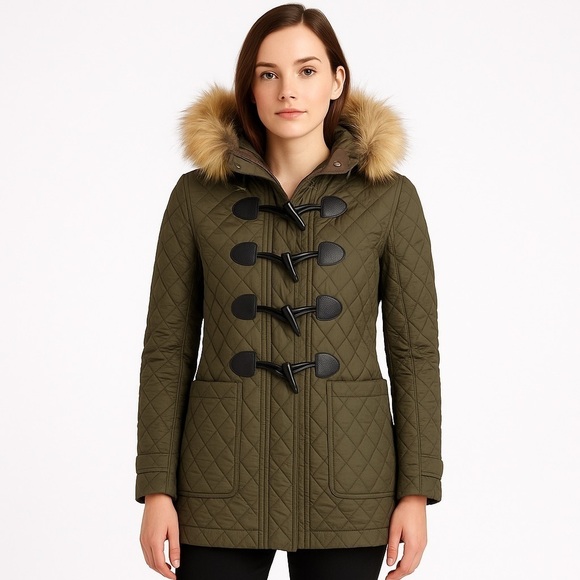 BURBERRY BRIT QUILTED TOGGLE LANSDOWNE COAT W/FUR HOOD XS - Picture 1 of 12